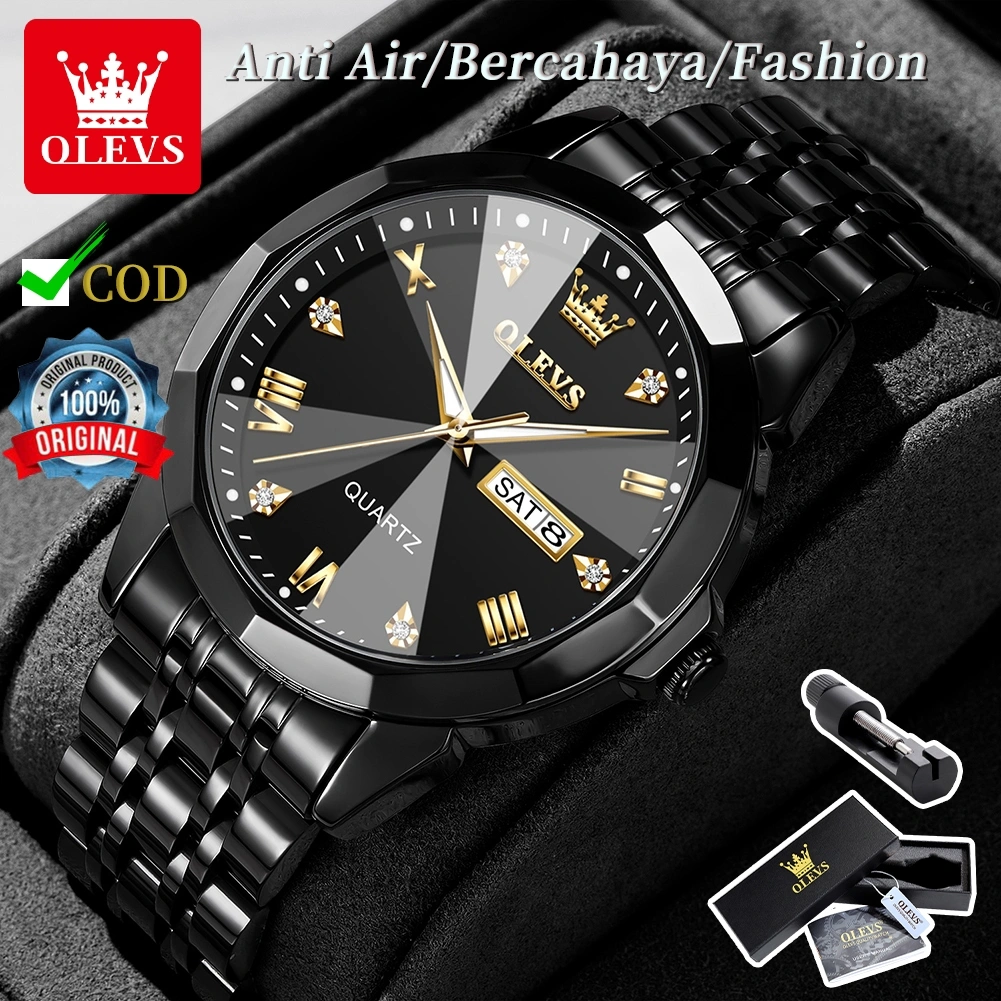 OLEVS Jam Tangan Pria Anti Air Original Terbaru Led Mewah Hitam Luxury Stainless Steel Watch Men Cod