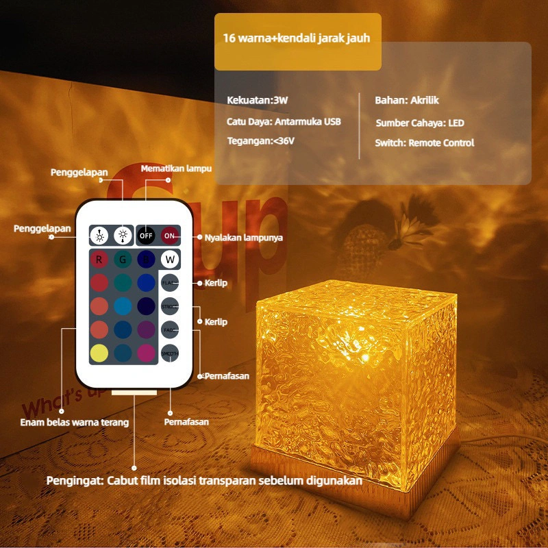 lampu proyektor aurora glow lamp kotak / lampu tidur RGB remot / lampu estetik / lampu aestetik / lampu meja kristal / crystal lamp