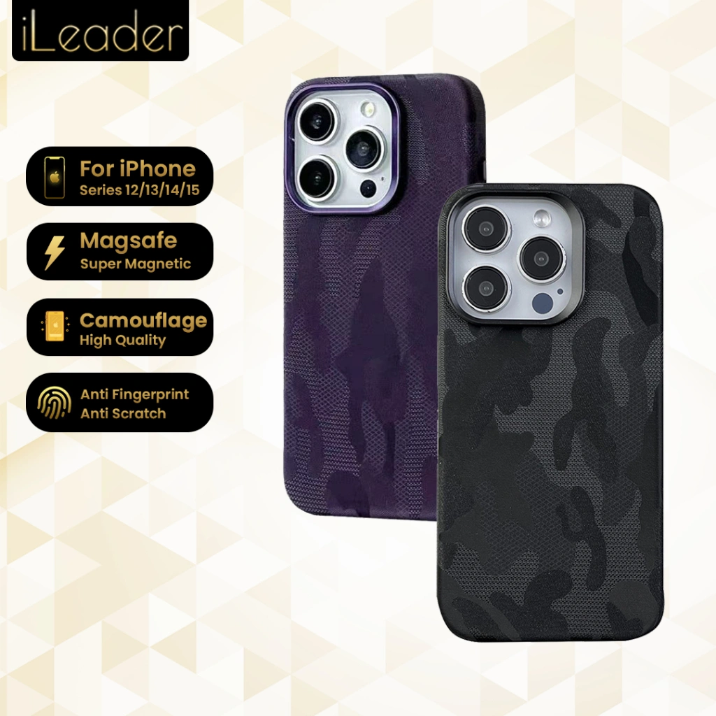 iLeader Camouflage Leather Magsafe Case for iPhone 16 15 14 13 12 Pro Max Apple Anti Drop Protective Case with Camear Protective Frame