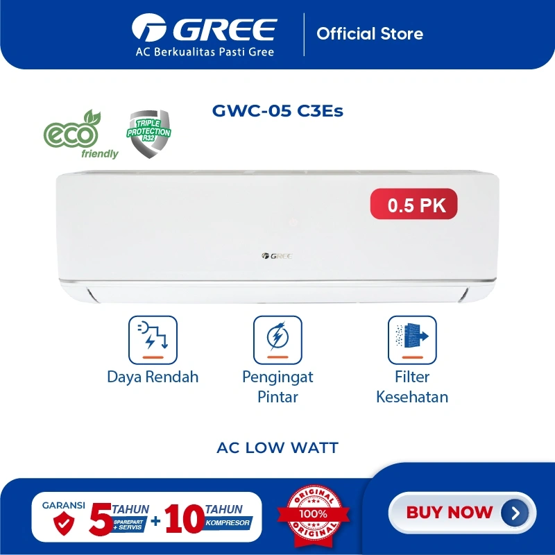 GREE AC DELUXE LOW WATT - PUTIH 0.5PK - GWC-05C3E(S) (Unit Indoor & Outdoor)