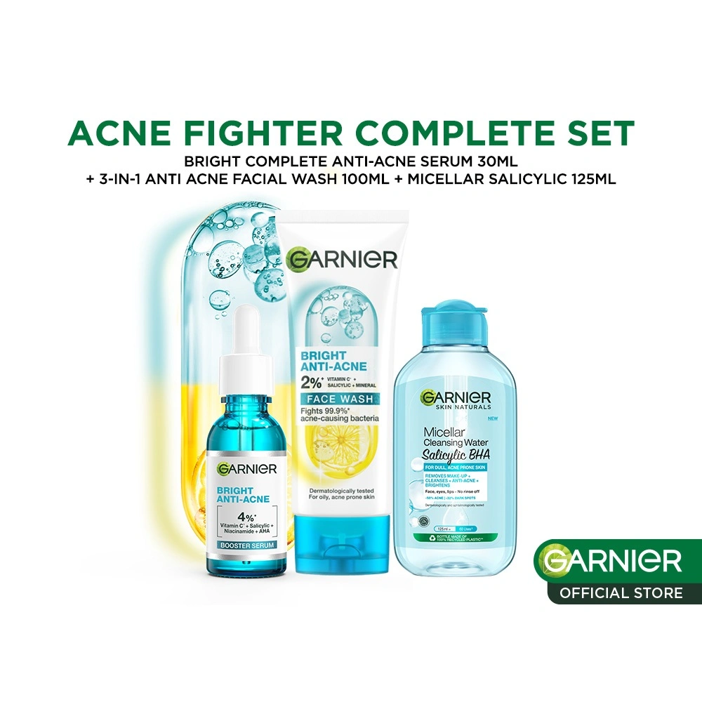 Paket Skincare Garnier Bright Complete Anti Acne Complete Set Untuk Maksimal Lawan Jerawat dan Bekas Jerawat /Serum Jerawat, Cleanser Jerawat, Micellar Water (Micellar 125 ml + Serum 30 ml + Foam 100 ml)