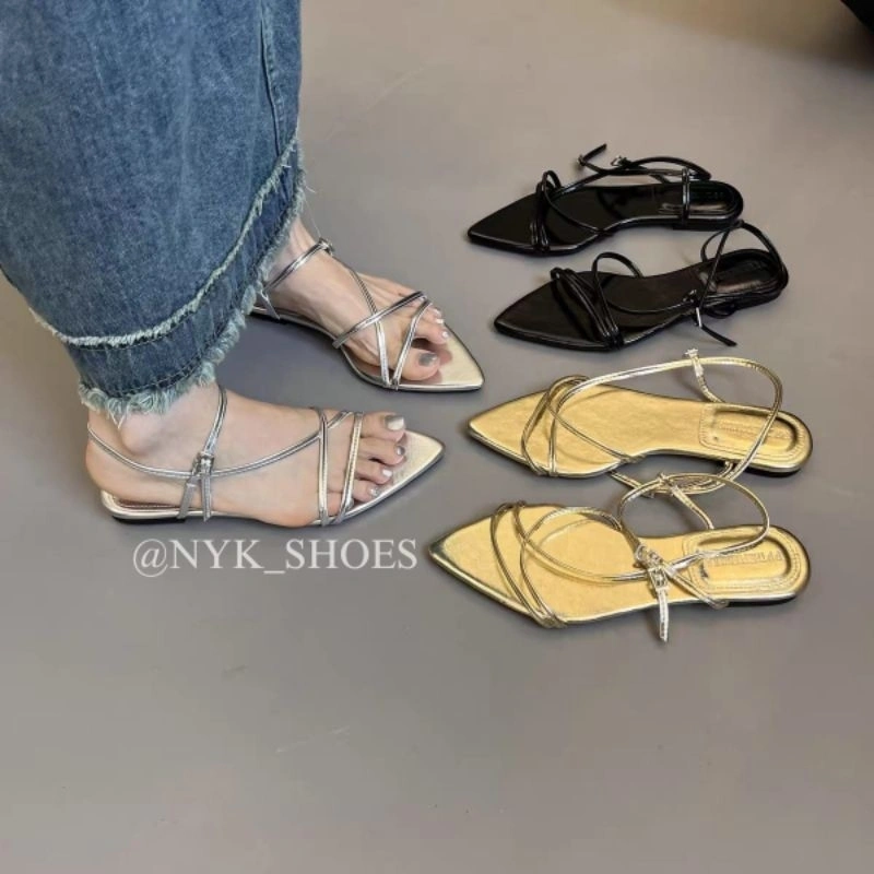 MELFIN Sandal Wanita Flat Tali Silang Gesper Sandal Keronjo Fashion Wanita Ujung Lancip