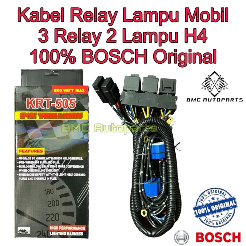 Kabel Set Relay BOSCH ORIGINAL Untuk Lampu H4 Mobil 3 Relay 2 Lampu Komplit