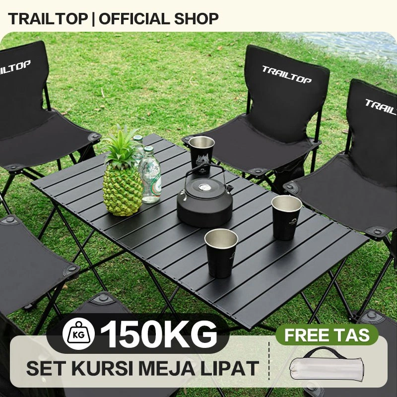 TrailTop Meja Kursi Lipat Outdoor 1 Set Beban 150KG Meja Lipat Portable Baja Karbon Kuat Tahan Lama