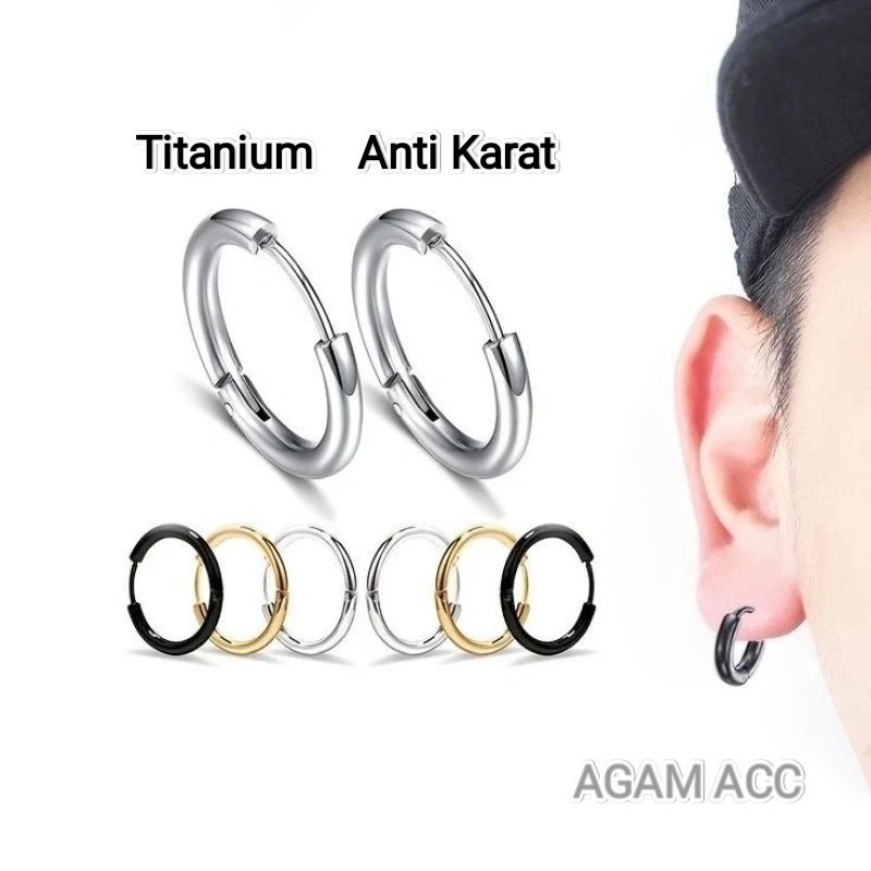 1 Pasang Anting  Tindik Model Hopp Titanium Pria dan Wanita Anting Bulat  Silver Gold Black Earrings (A. Hoop)