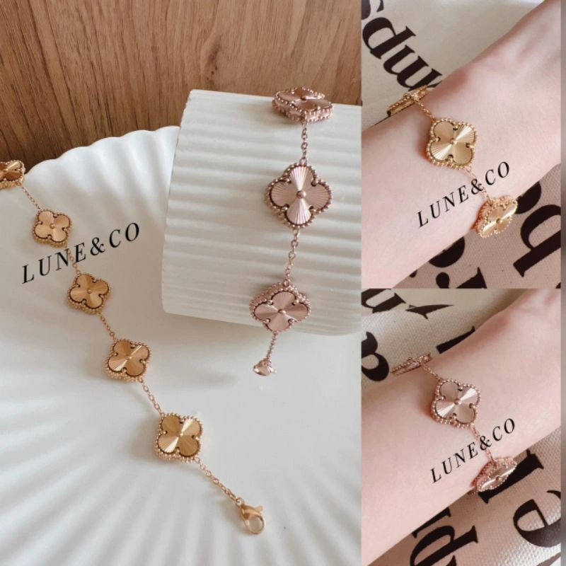 Gelang Rantai Clover PREMIUM Garis 15MM Bolak Balik Titanium RS292