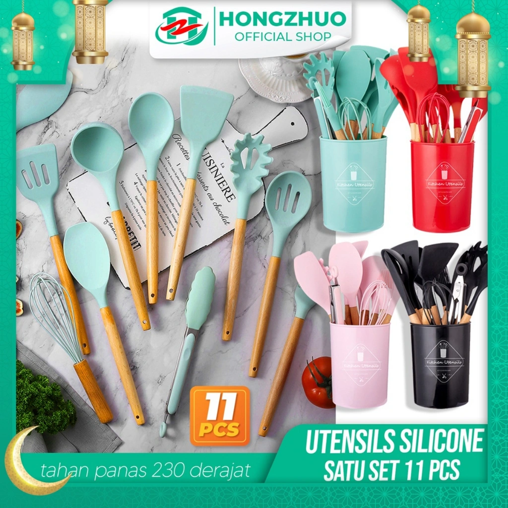 Hongzhuo Silicone Utensil 11Pcs+Wadah Spatula Peralatan Masak Sutil Pegangan Kayu Baking Set Alat Masak
