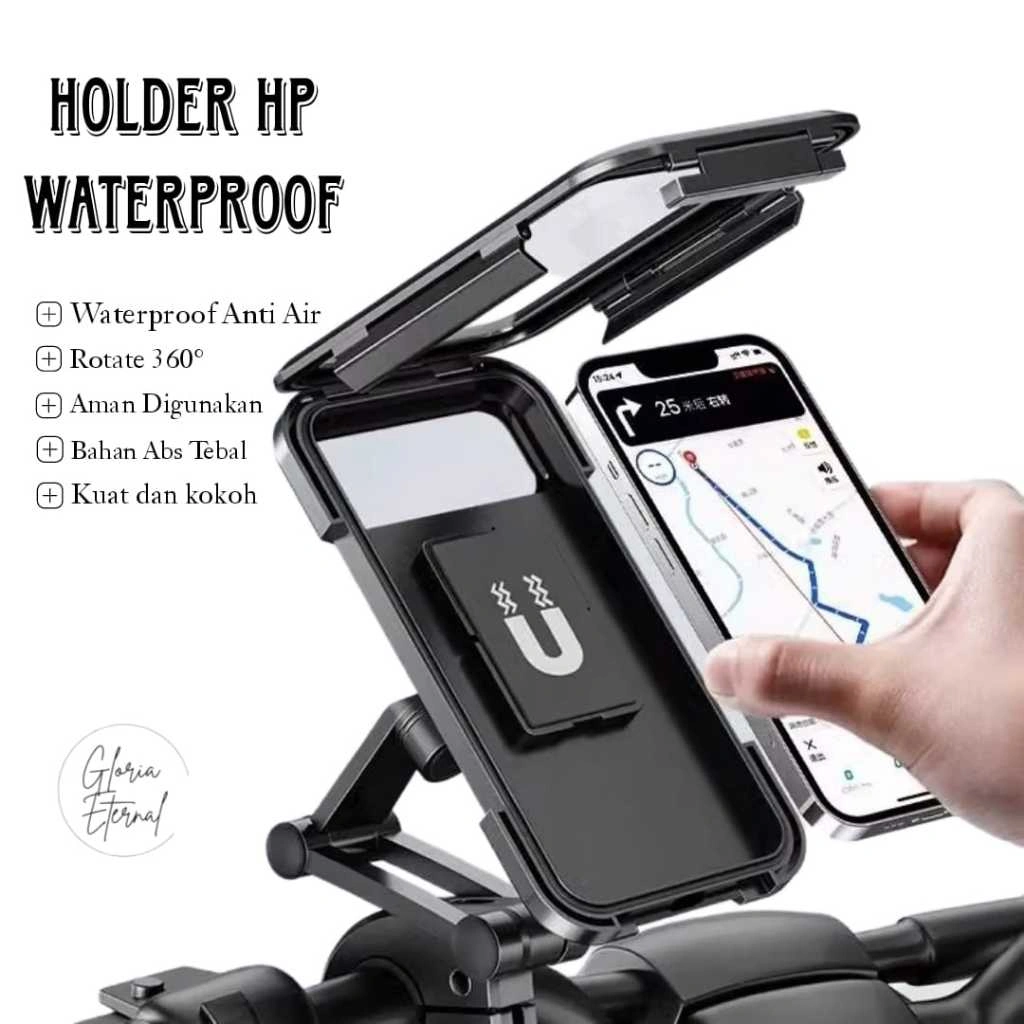 [Gloria] Holder Phone Waterproof 360 Stand Sepeda Motor Anti Air Holder Stang Motor Anti Basah