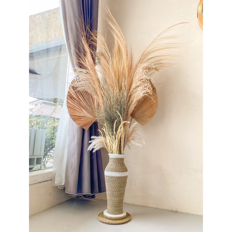 Paket Lengkap Bunga Kering + Pot Vas Guci 35cm Palem Kering+Pampas+Rayung+Dekorasi Rustic/ Aesthetic
