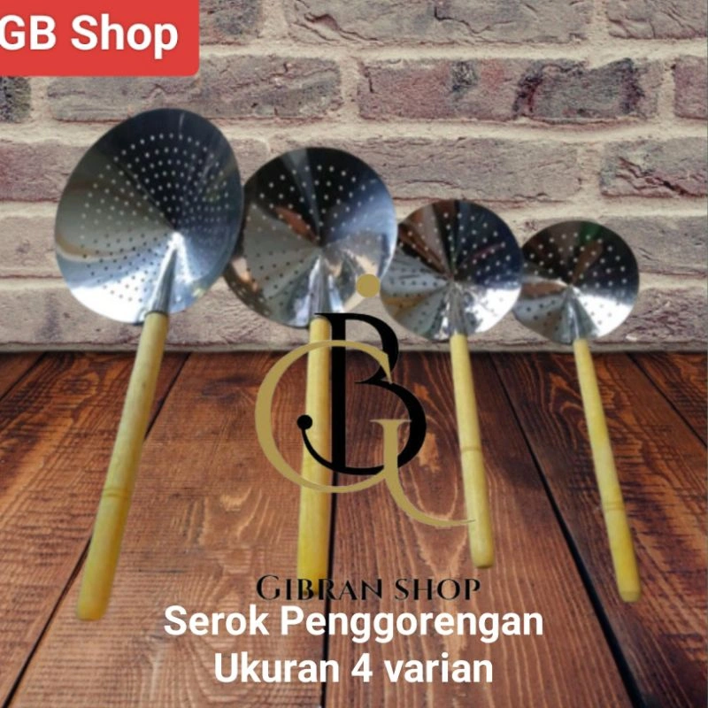 serok penggorengan murah, peniris minyak stainless gagang kayu 4 varian