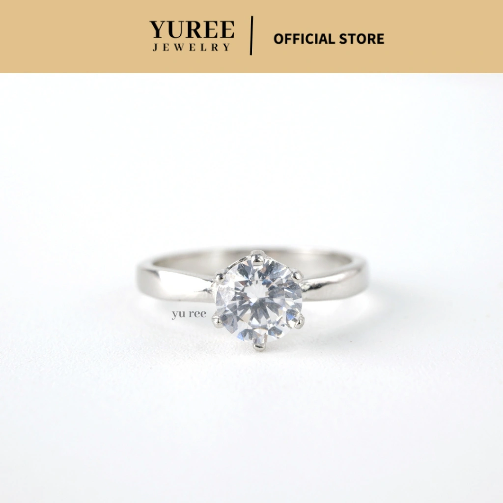 YUREE • Olivia Ring • Cincin Solitaire Permata Satu Titanium • Cincin Wanita Anti Karat  Elegan Simple Mewah