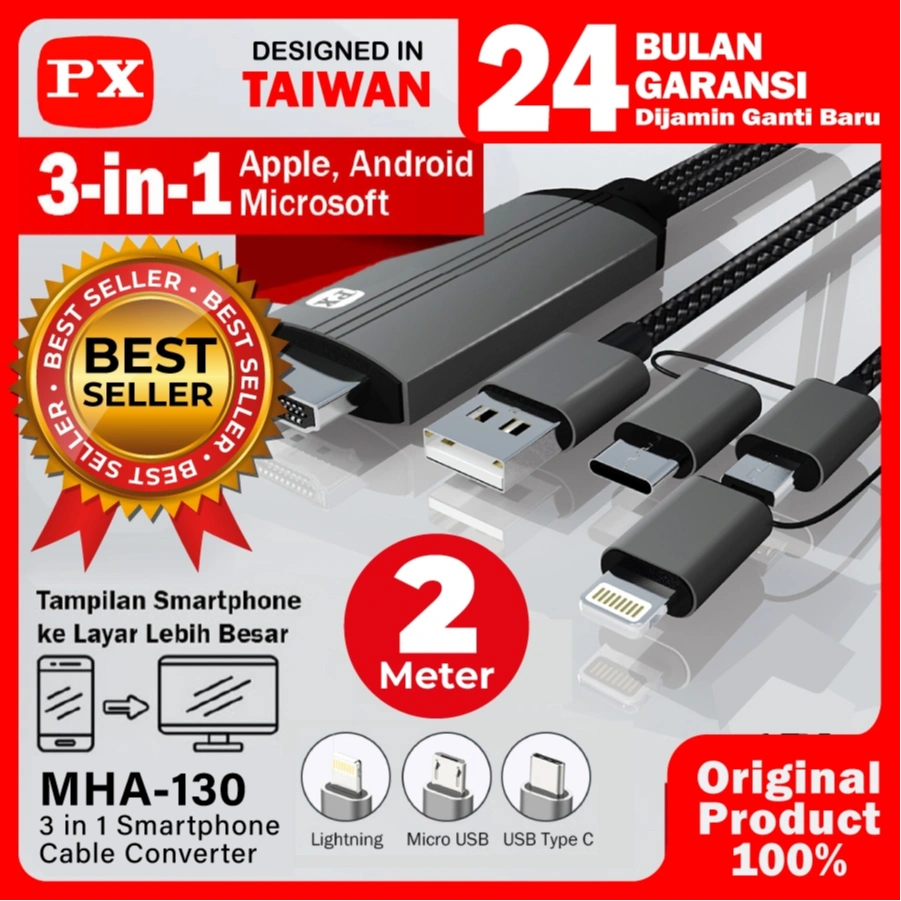 Kabel HDMI ke Type C USB/Micro/Lightning Converter 3in1 2M PX MHA-130