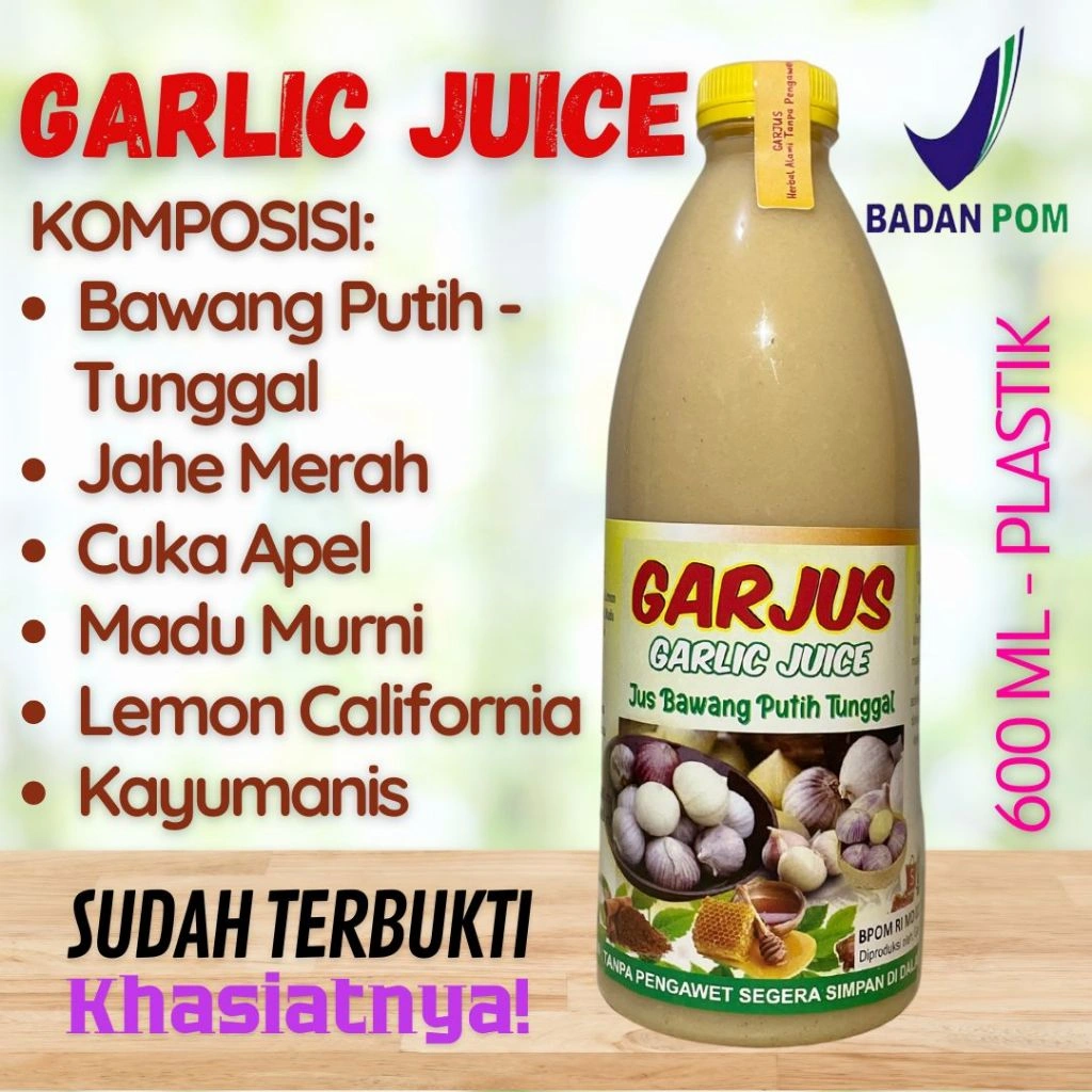 BPOM Jus Bawang Putih Tunggal Jahe Merah Lemon Madu Cuka Apel Kayu Manis - Hipertensi, Asam Urat, Kolesterol, Pelangsing, Detox, Ramuan Herbal, Garjus, Garlic Juice 600ml