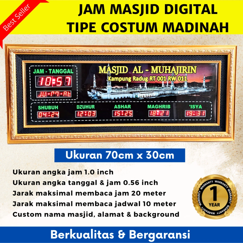 Jam Masjid Digital Tipe Kostum Nama Masjid Jadwal Sholat Digital CA Madinah 70 cm X 30 cm Bisa Request Nama Masjid & Gambar