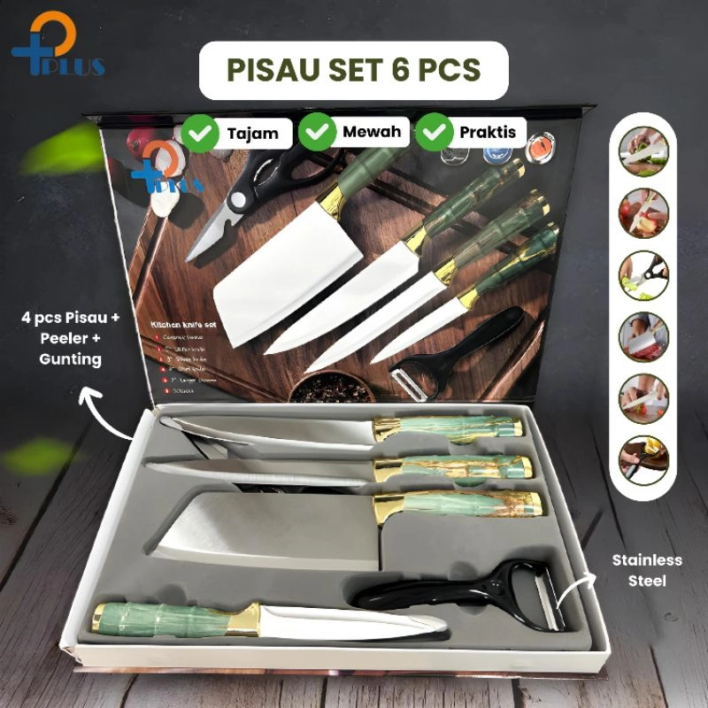 [ Pplus ] Pisau Dapur Black diamond Knives Set 6 in 1 Model Bambu / Knife Set Stainless Model Bambu Anti Karat / Pisau Dapur Multifungsi Anti Lengket Stainless Steel