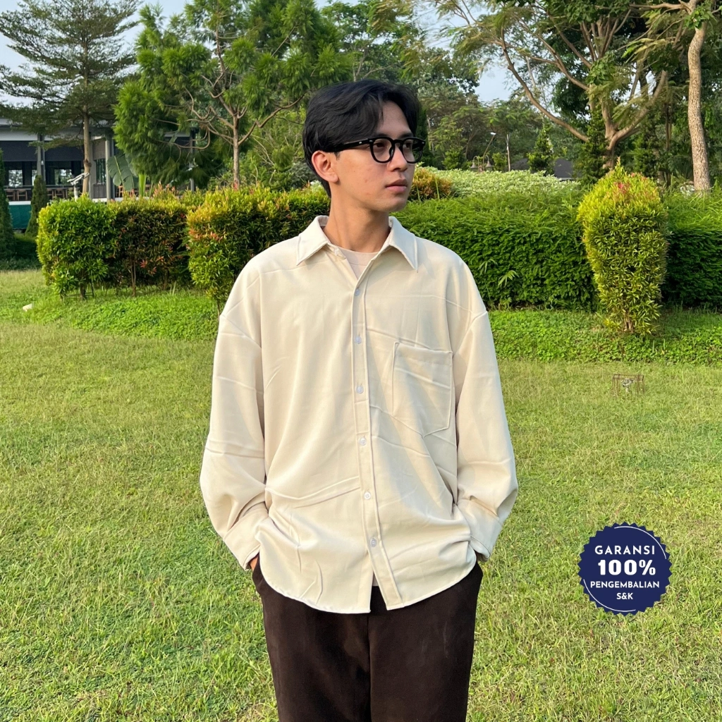 RoomFazza Kemeja Oversized Pria Lengan Panjang Kemeja Kasual Kemeja Polos Kemeja Pria Kemeja Army