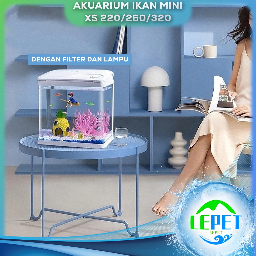 LEPET Akuarium Ikan Mini XS 220/260/320 Tangki Ikan Mini Dengan Filter Dan Lampu Led