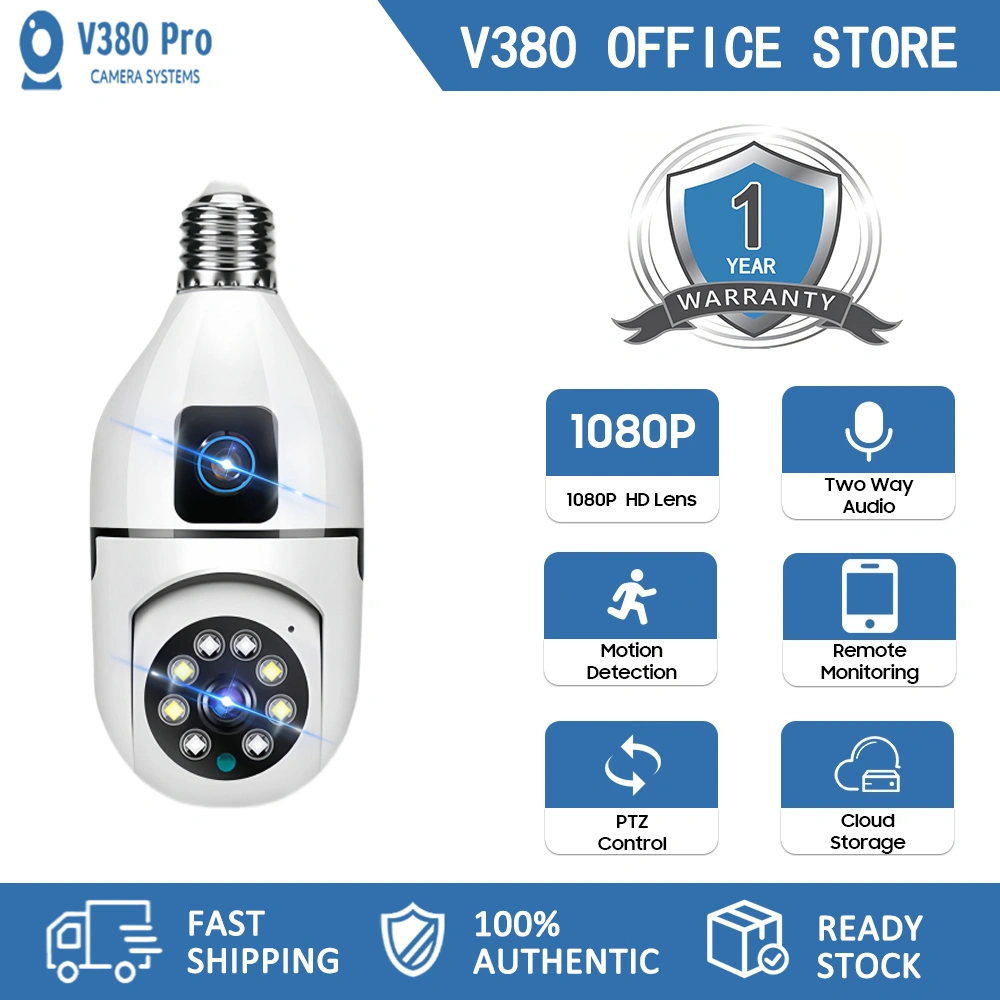 Kamera CCTV Bulb V380 Pro Lensa Ganda Tanpa WIFI Kamera Keamanan Ip Penglihatan Malam 360°