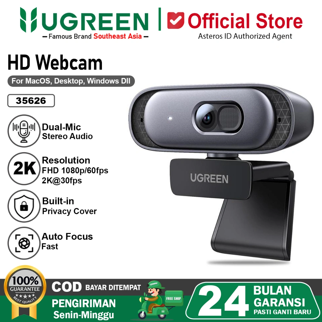 UGREEN Webcam 2K 30fps/1080P 60fps with Privacy Cover Dual Noise Cancellation Microphones Computer 35626