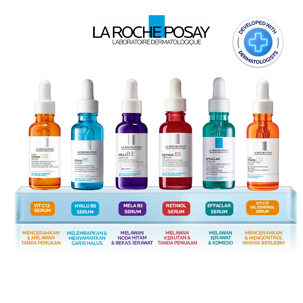 LA ROCHE POSAY - ANTI AGING - BRIGHTENING SERUM. Mela B3 Niacinamide Serum / Effaclar Salicylic Acid Serum / Vitamin C Oil Control Serum / Hyalu B5 Hyaluronic Acid Serum / Pure Vitamin C 12 Serum for Dery Sensitive Skin
