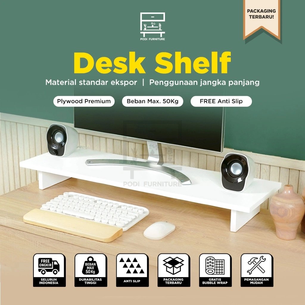 PODI Desk Shelf Kayu Stand Monitor/Laptop 80x25 & 60x25 cm - Meja Monitor (Non-Rak)