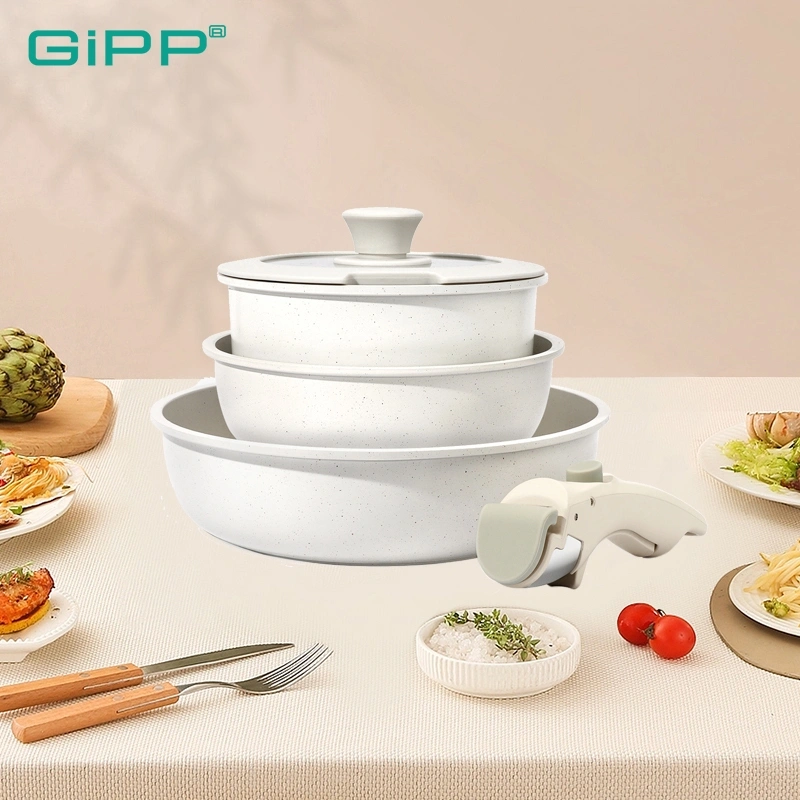 GiPP 5 Pcs Set Peralatan Masak Panci & Wajan Granite Anti Lengket – Gagang Lepas Pasang Bebas PFAS & PTFE & PFOA