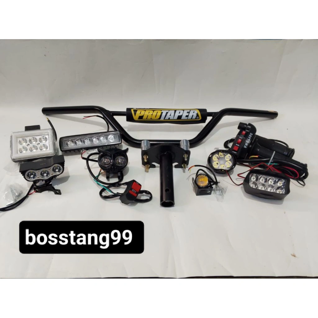 paketan stang trail+dudukan stang+ gasspontan 3 tombol+ lampu sorot pilih aja+ free sakral on/off buat motor bebek dan matik