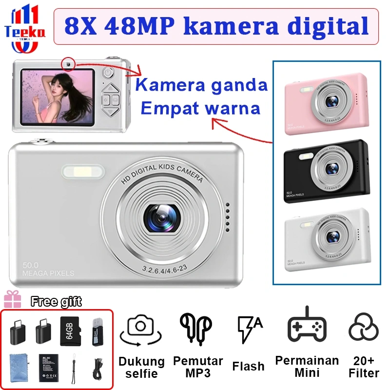 TEEKA [PT] Kamera Digital 6K Murah 48MP dengan zoom digital 8X Berbagai filter retro kamera layar IPS kamera digital deteksi wajah untuk Pelajar