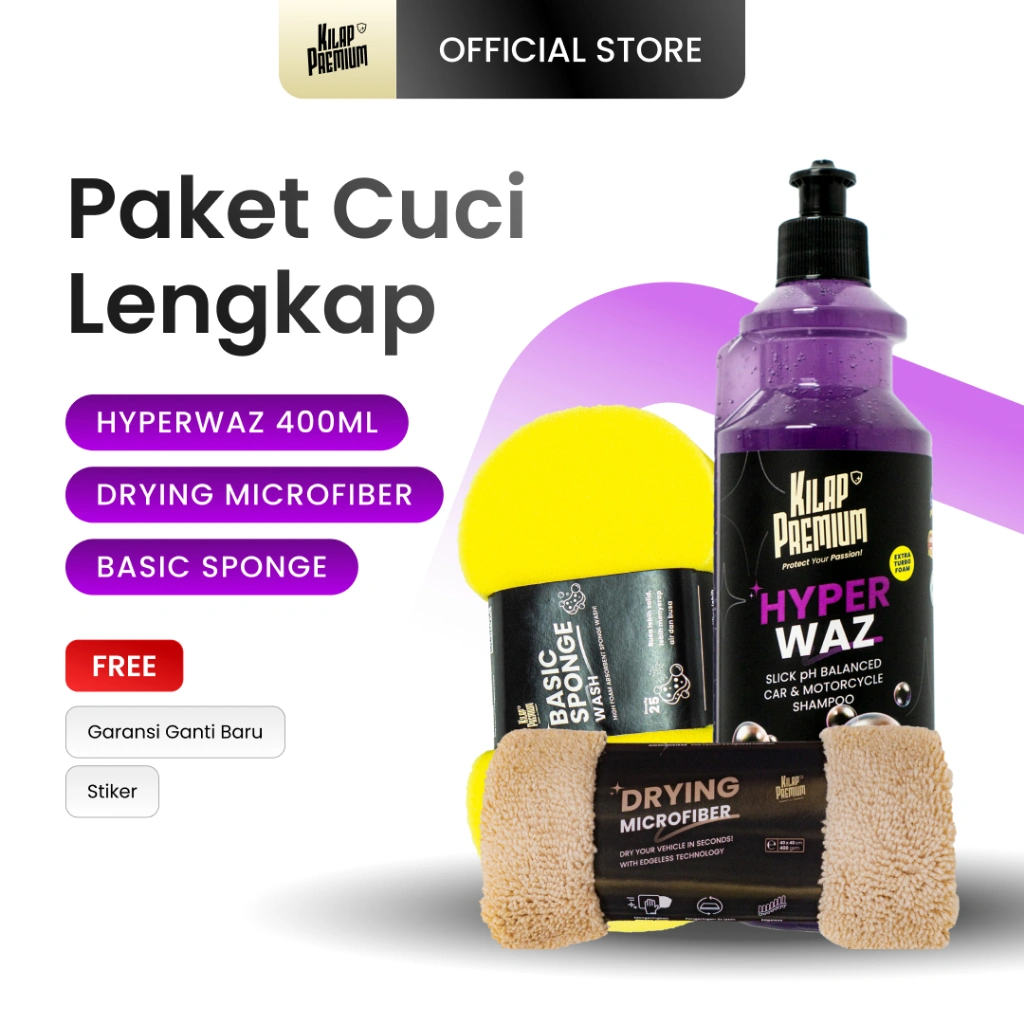 Paket Cuci Motor I Kilap Premium - Shampoo Motor Mobil Hi-Foam Ph-Balanced, Sponge Cuci Kendaraan Motor Mobil, Drying Edgeless Microfiber, Microfiber Pengering, Sabun Cuci Mobil
