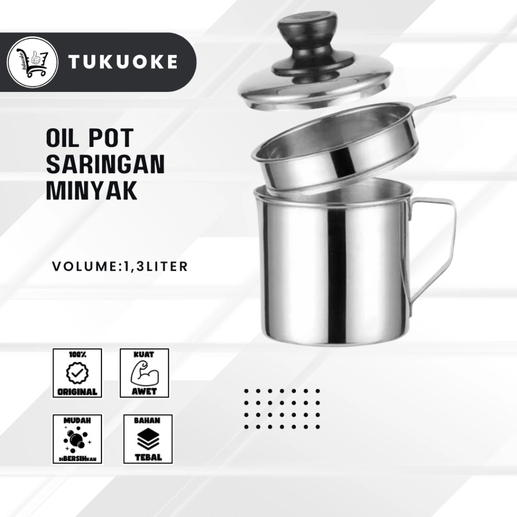 OIL POT SARINGAN MINYAK WADAH 1,3LITER STAINLEES STEEL MUG SARINGAN MINYAK WARNA STAINLESS STEEL PENYARING JELANTAH SET DAPUR BEKAS GORENG