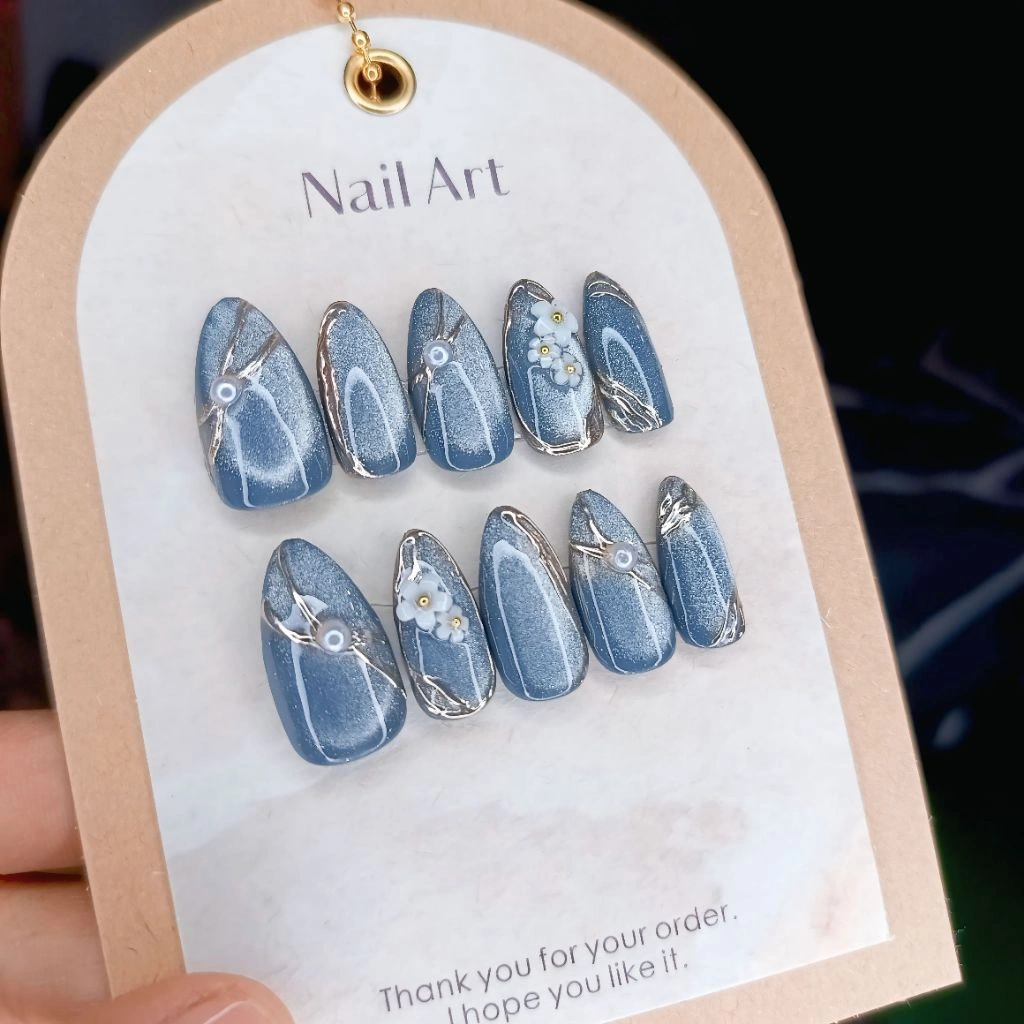 Kuku Palsu Korean Cat Eye Gopekceng Mix Bunga Premium Gratis Lem Gel & Toolkit | Press On Nails Handmade | Kuku Palsu Murah | Custom Warna/ Size