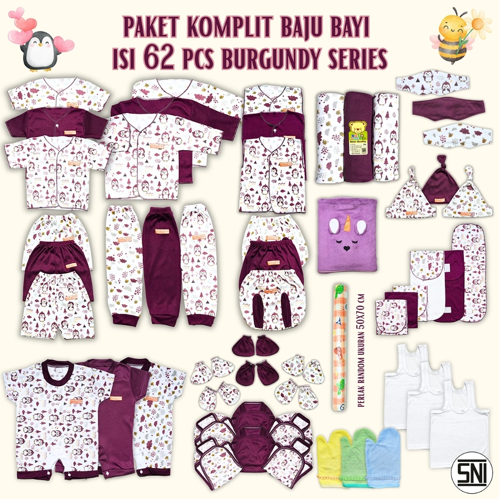 62 PCS Paket Hemat Perlengkapan Baju Bayi Baru Lahir Serian Burgundy Terkomplit SNI BOLO BOLO