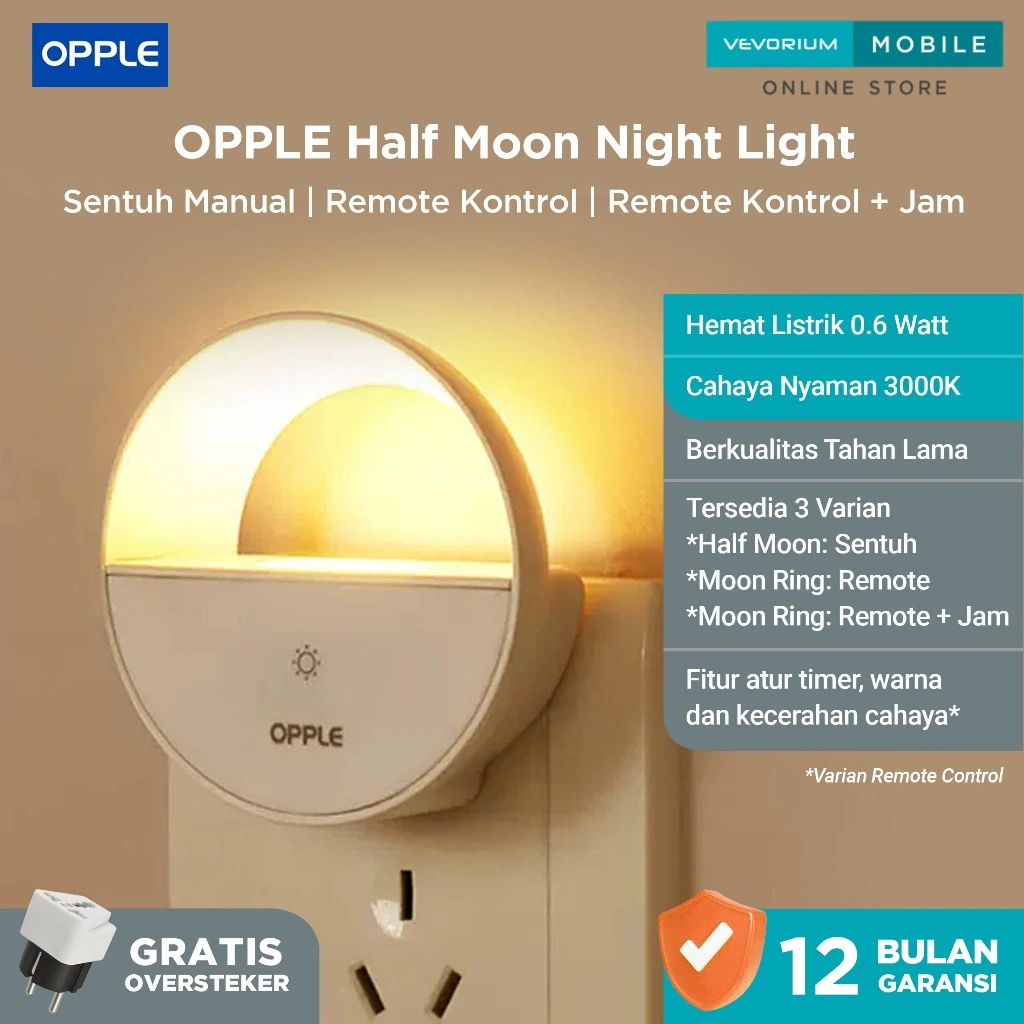 OPPLE Night Light Lampu LED Tidur Hemat Energi Untuk Kamar Tidur Anak Bayi | Remote Control | Ruangan Tangga Koridor Dapur Mandi | Half Moon