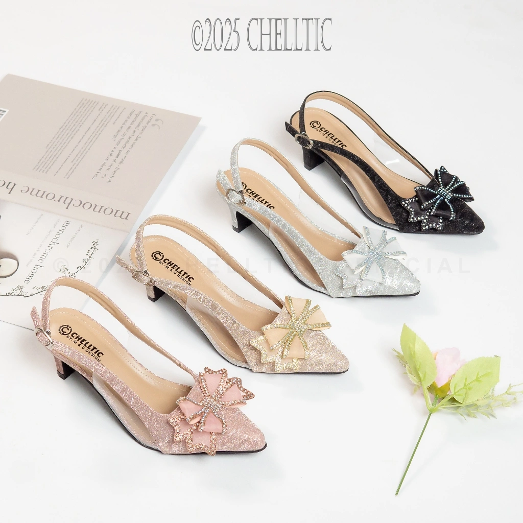 CHELLTIC Sepatu Wanita Mules 5CM Elegan Slingback Glitter Pita Berlian Kekinian Sandal Heels Pesta Wisuda Weding Formal Terbaru