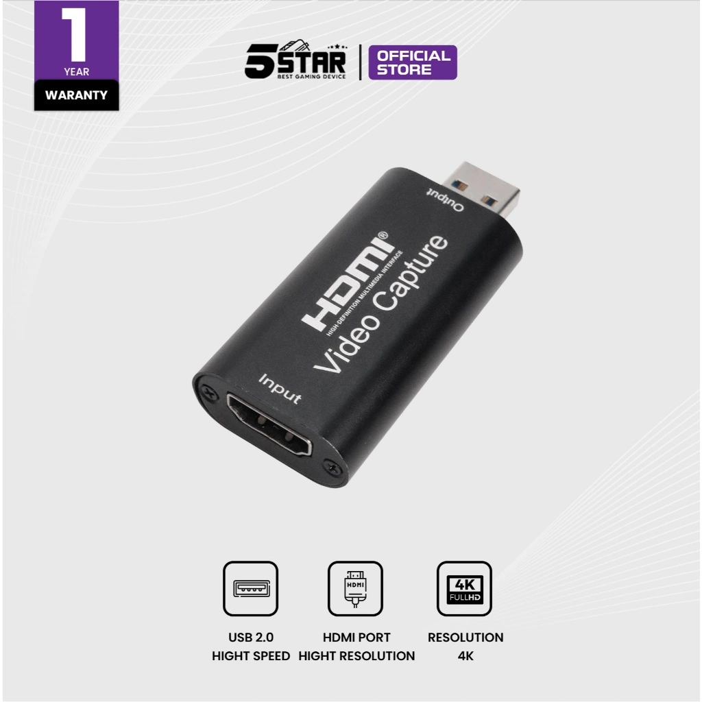 5Star USB 2.0 to HDMI Video Capture Card Adapter Input 4K 30Hz Output 1080P 60Hz dengan HDMI Input + USB 2.0 Type-C Output untuk Live Streaming & Recording UHM200