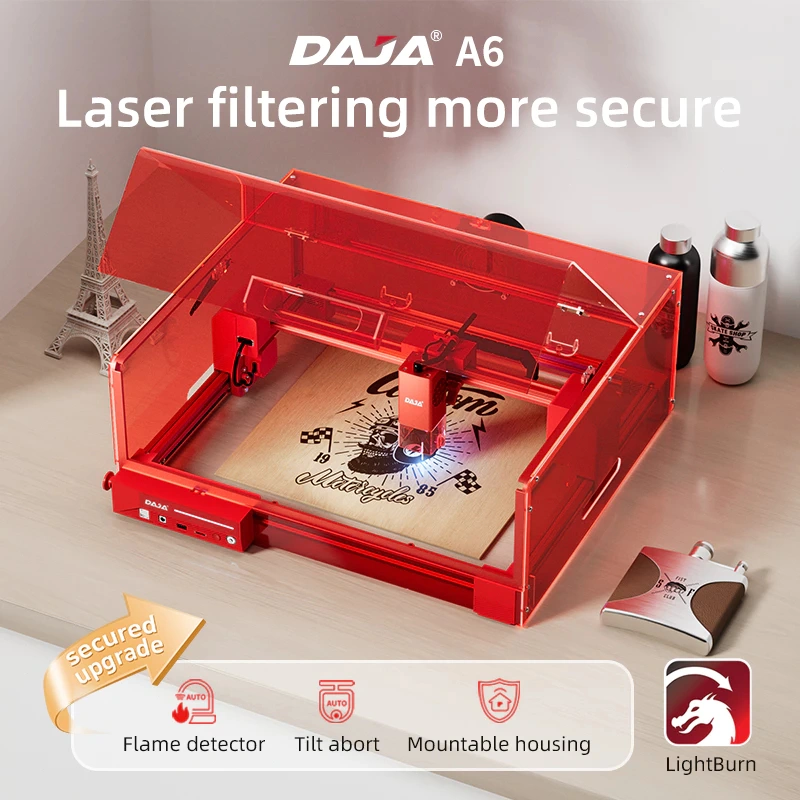 Mesin ukir laser komersial DAJA A6 Pro dengan penutup pelindung terbuka, rangka paduan aluminium logam, cocok untuk ukiran DIY pada kayu, akrilik, plastik, kulit, kertas, logam, baja tahan karat, ukiran cangkir termos, mesin pembuat huruf multifungsi.