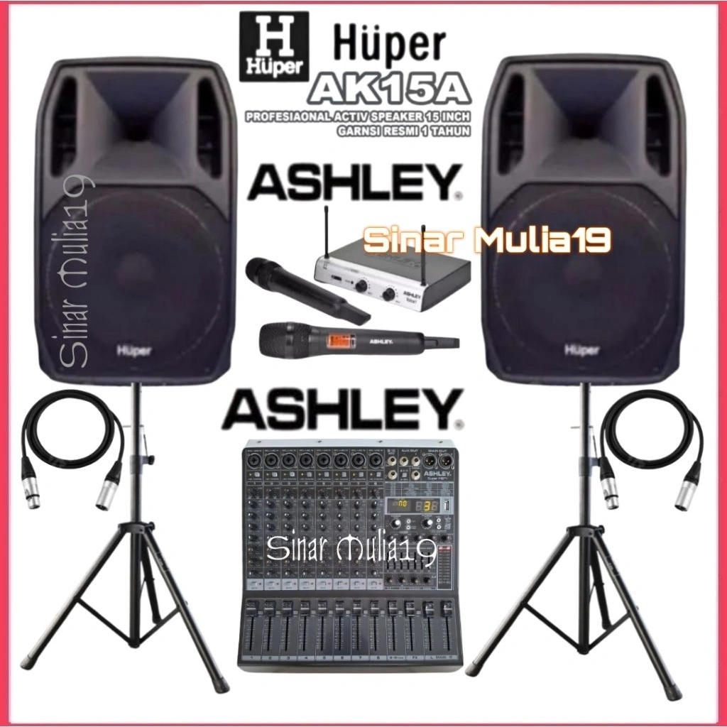Paket Sound System Huper AK15A Mixer Ashley Super M8 Pro Mic Wireless Ashley Original