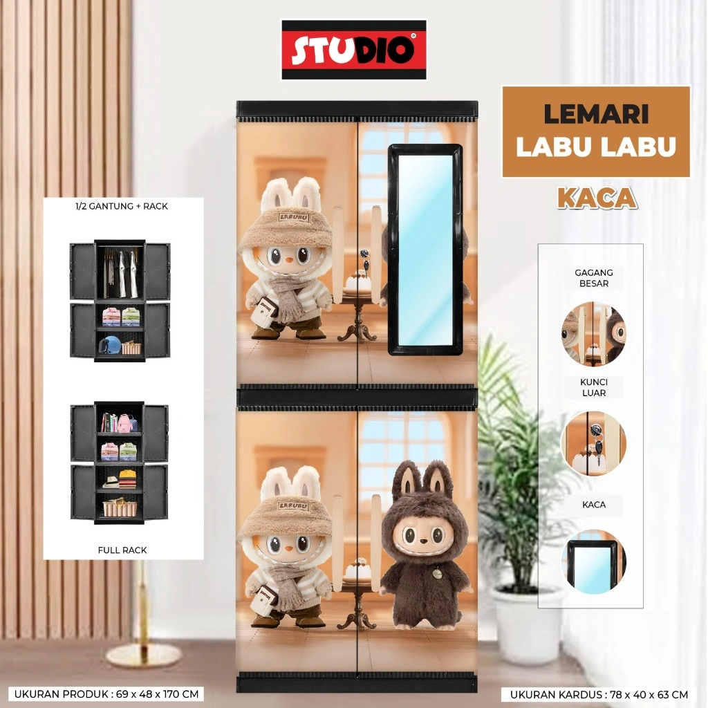AKAKO Lemari Pakaian Plastik Akako LP2P VIP Rak + Gantungan Motif Anak Anak Labubu Anti Rayap Murah (BERGARANSI !!!)