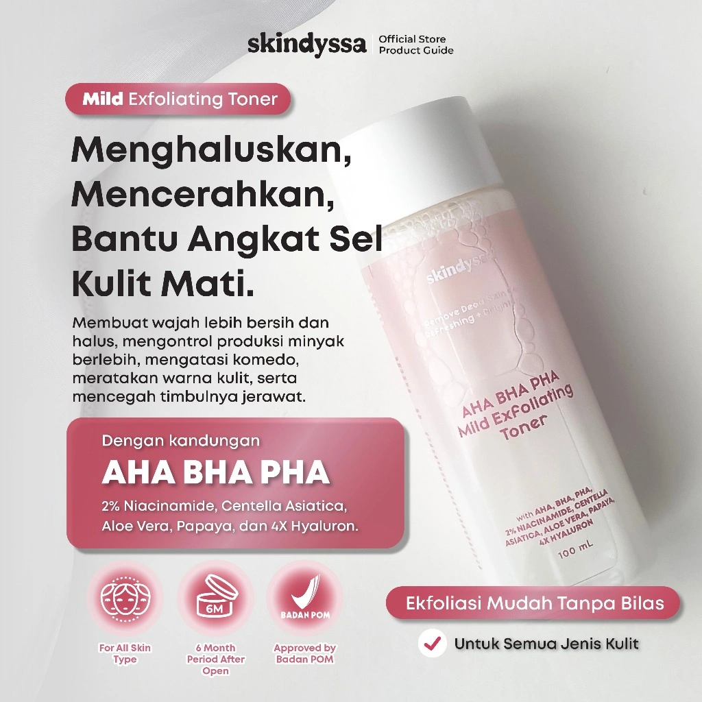 Skindyssa AHA BHA PHA Mild Exfoliating Toner | Toner Exfoliasi Bantu Angkat Sel Kulit Mati, Mencerahkan, Menghaluskan Kulit, Mengatasi Jerawat, Komedo, Bruntusan