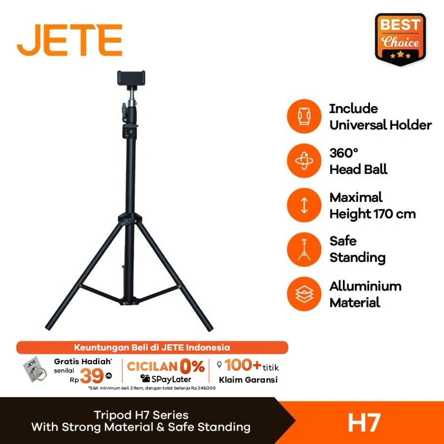 JETE Tripod H7 170cm Adjustable Standing Holder Universal Handphone Kamera Live Streaming Tripot Ring Light