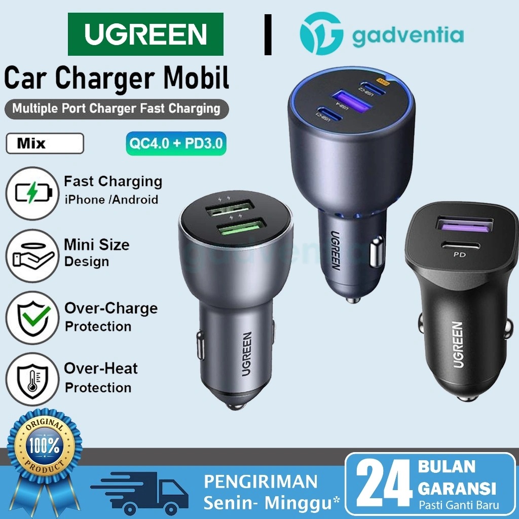 UGREEN Car Charger Mobil Dual Port USB A & Type C Fast Charging 30W 36W 63W 75W For iPhone Android