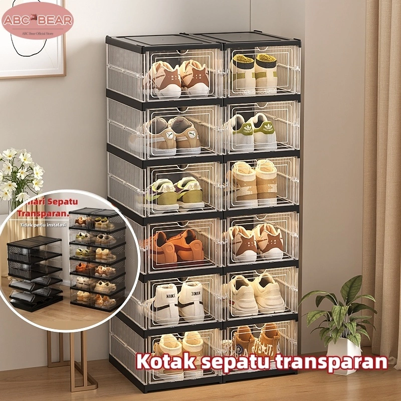 ABC BEAR  Tidak perlu instalasi  Lebih Tebal Dan Kuat Kotak Sepatu Ukuran Ekstra Besar Shoe Storage Boxes Susun Plastik Lemari Sepatu Rak kotak sepatu portabel multifungsi dengan