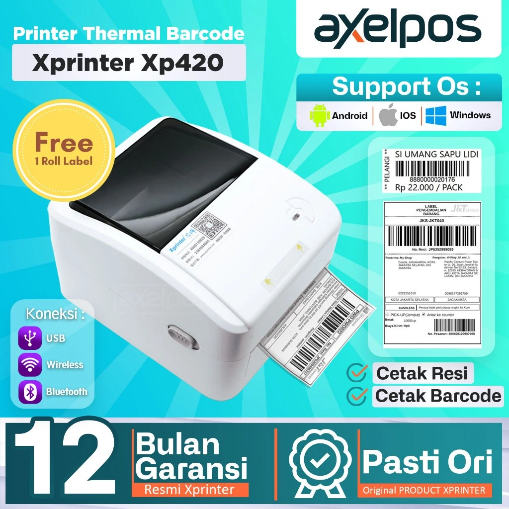 Axelpos PRINTER BARCODE THERMAL LABEL XP-420B 110MM -A6 KONEKSI USB / USB - BLUETOOTH / USB - WIFI