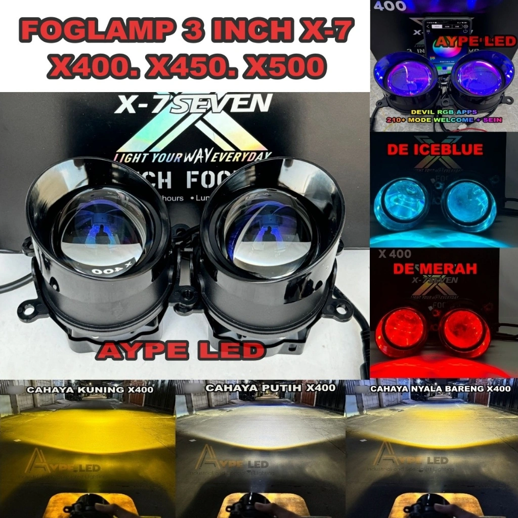 Foglamp Biled X-7EVEN X400 X450 3 inch Premium Bluelens Plus Demon Rgb Matrix 210+ Mode 3 Warna Cahaya Foglamp Mobil 3 inch