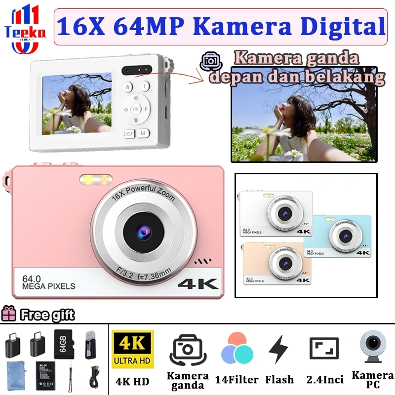 TEEKA [H28] Kamera Digital Murah 64MP 16X Portabel Kecil Layar Digital Zoom16X Kamera Digital Deteksi Wajah Untuk Pelajar