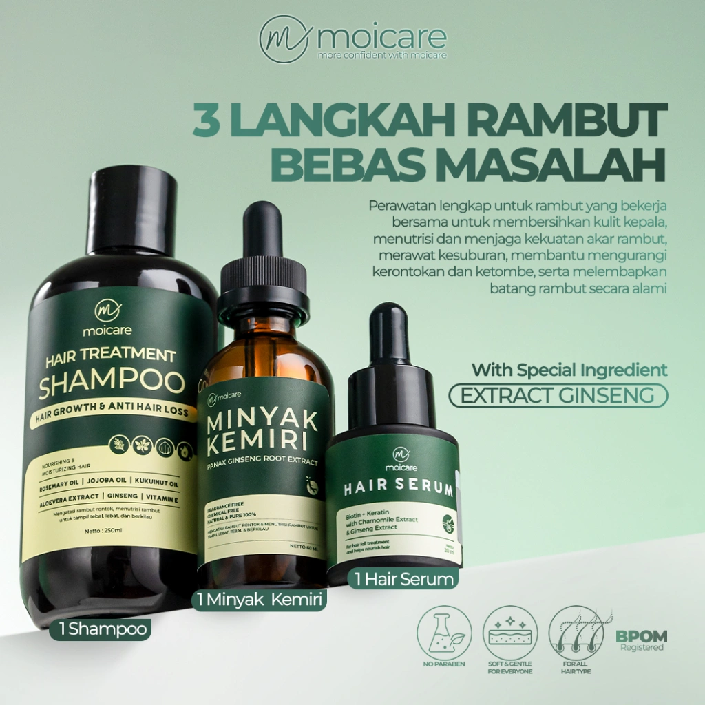 Moicare Hair Care 3 Paket Hair Serum + Shampoo + Minyak Kemiri Extract Ginseng – Mengatasi Rambut Rontok Menumbuhkan Rambut Lebat Halus & Berkilau