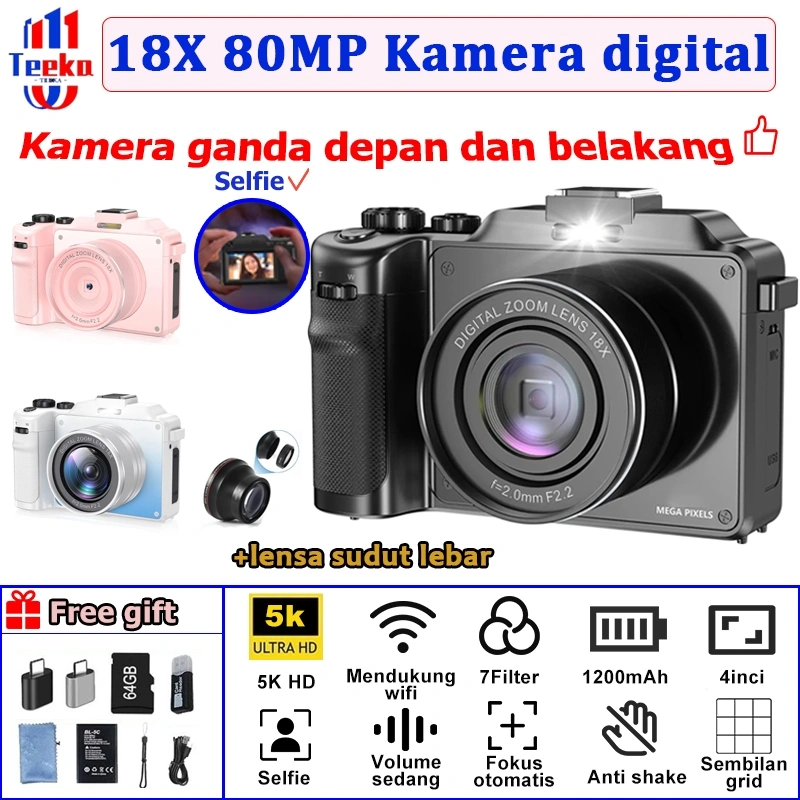 TEEKA X9 5K 80MP/64MP Digital Camera Wifi Video 18X Digital Zoom Dengan Dukungan Selfie Koneksi WIFI untuk Hadiah Pemula  Dengan Kartu 64GB