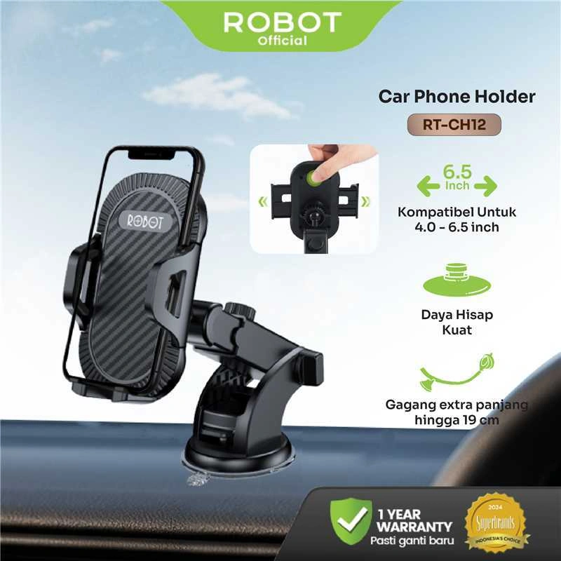 ROBOT Holder HP Mobil Dashboard Putar 360° Suction Lock Universal Car Holder RT-CH12 Original - Garansi Resmi 1 Tahun
