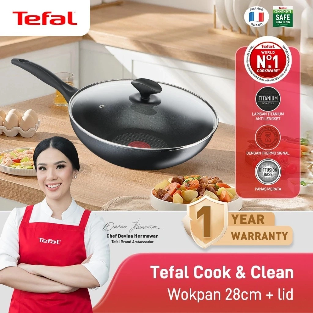 [ BEST SELLER ] Tefal Cook & Clean Wokpan Series 28 CM Dengan Tutup - Wajan Anti Lengket / Penggorengan Garansi 1 Tahun