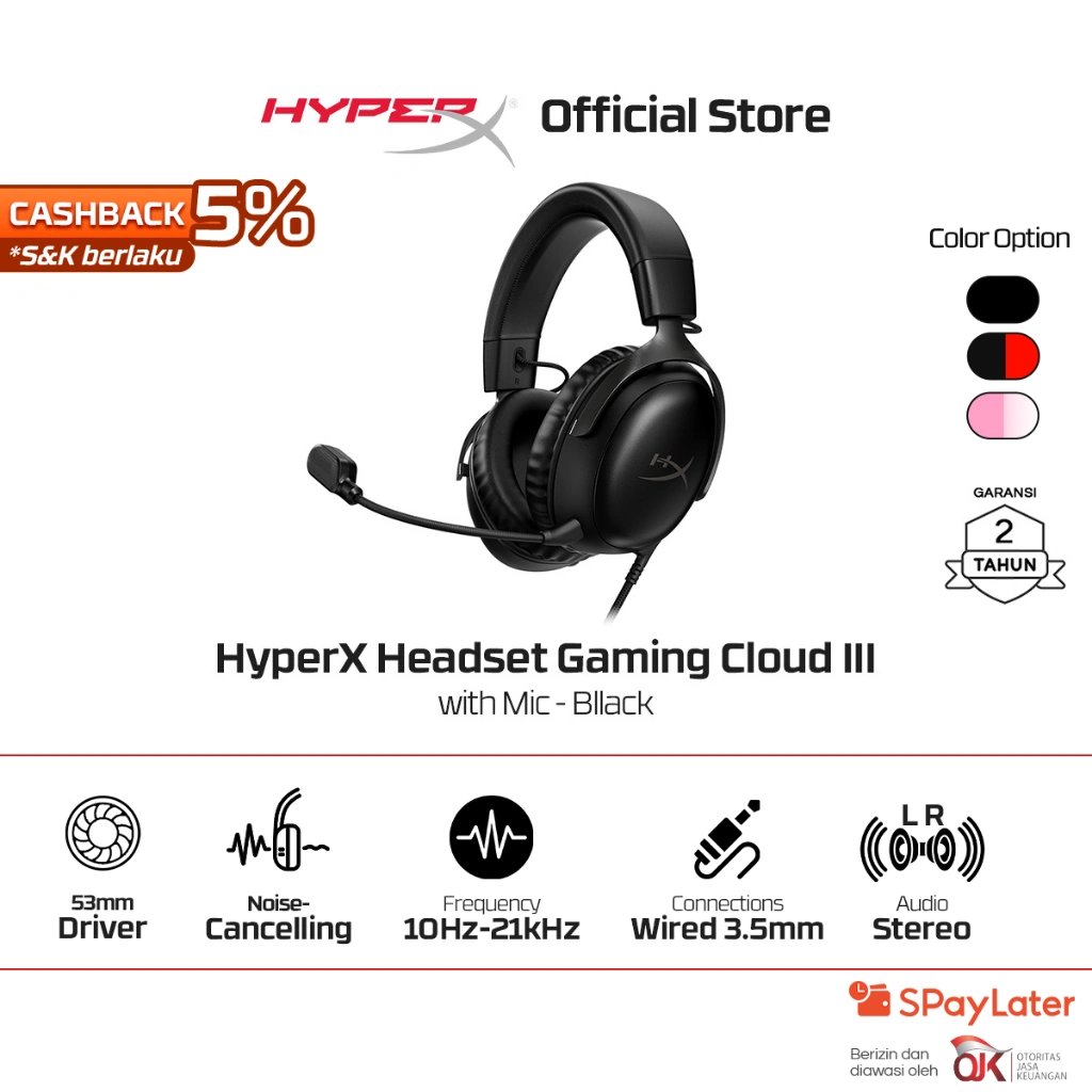 HyperX Headset Gaming Cloud III Wired - Black - Red / Black / White - Pink / White Wired Noise Cancelling Spatial Audio Leather Stereo Bass Android iOS Led RGB Microphone Promo Cicilan Ringan